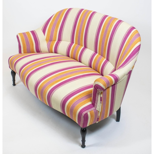 159 - CANAPE, 132cm W x 80cm H, Napoleon III manner ebonised with pink and orange striped fabric.