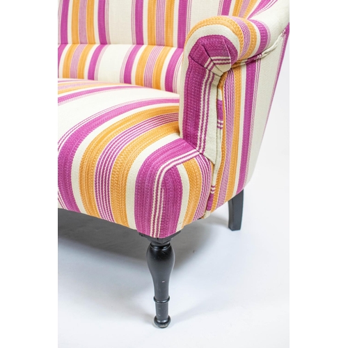 159 - CANAPE, 132cm W x 80cm H, Napoleon III manner ebonised with pink and orange striped fabric.