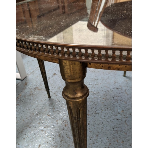 196 - LOW TABLE, 71cm W, with a pierced brass gallery and distressed mirrored top on tapered distressed an... 