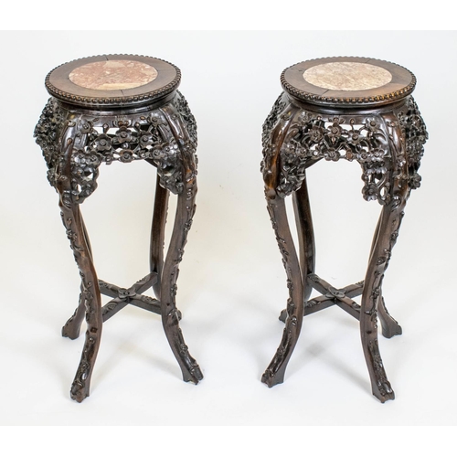 200 - JARDINIERE STANDS, 71cm H x 40cm W, a pair, late 19th century Chinese padoukwood with inset marble t... 