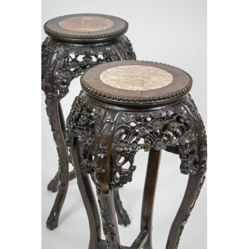 200 - JARDINIERE STANDS, 71cm H x 40cm W, a pair, late 19th century Chinese padoukwood with inset marble t... 