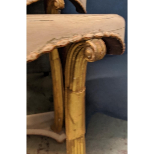 201 - CONSOLE TABLES, a pair, each 79cm W x 27cm D x 74cm H, Art Deco demi lune in a distressed gilt and c... 