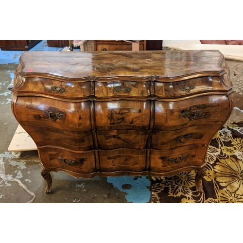 203 - BOMBE COMMODE, 138cm W x 57cm x 91cm H, early 20th century Italian walnut and olivewood of serpentin... 