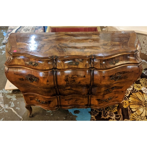 203 - BOMBE COMMODE, 138cm W x 57cm x 91cm H, early 20th century Italian walnut and olivewood of serpentin... 