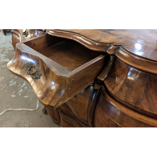 203 - BOMBE COMMODE, 138cm W x 57cm x 91cm H, early 20th century Italian walnut and olivewood of serpentin... 