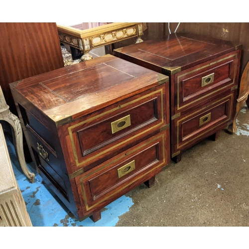 204 - CAMPAIGN STYLE BEDSIDE CHESTS, a pair, 54cm W x 59cm H x 46cm D brass bound each with two short draw... 