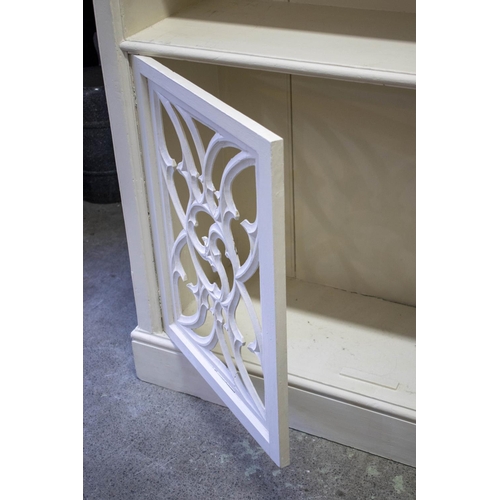 217 - BOOKCASES, 224cm H x 110cm W x 38cm D, a pair, Gothic revival white painted, each with fixed open sh... 