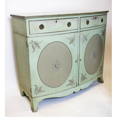 218 - BOWFRONT SIDE CABINETS, a near pair, Edwardian green and grey painted, each with two drawers above t... 