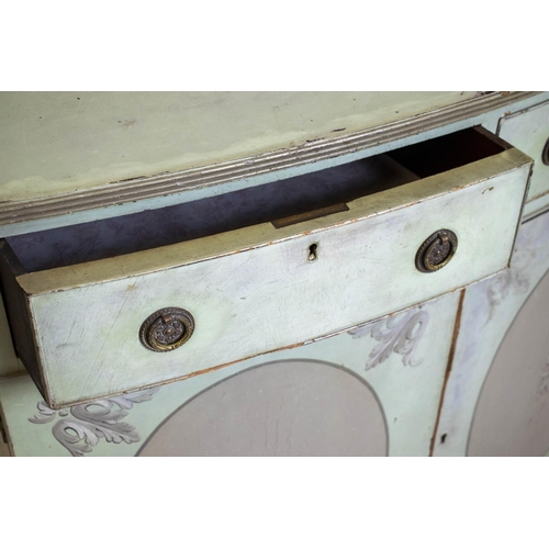 218 - BOWFRONT SIDE CABINETS, a near pair, Edwardian green and grey painted, each with two drawers above t... 