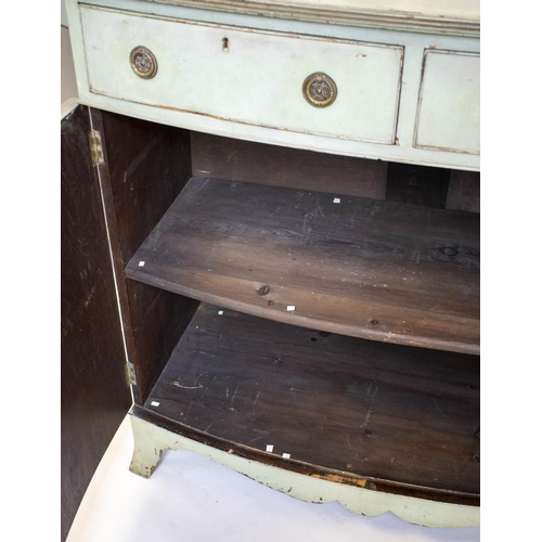 218 - BOWFRONT SIDE CABINETS, a near pair, Edwardian green and grey painted, each with two drawers above t... 