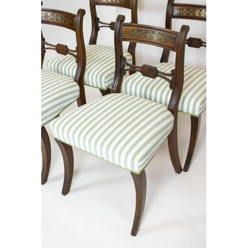 222 - DINING CHAIRS, 84cm H x 51cm W, a set of four Regency and later mahogany, rosewoood and brass inlaid... 