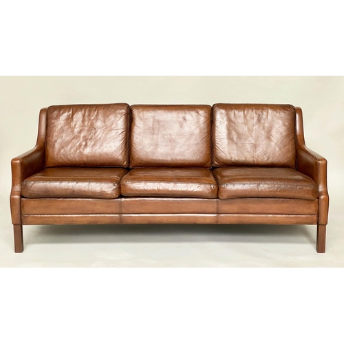 286 - DANISH SOFA, 1970s, three seater, teak and grained tan leather upholstered, 176cm W.