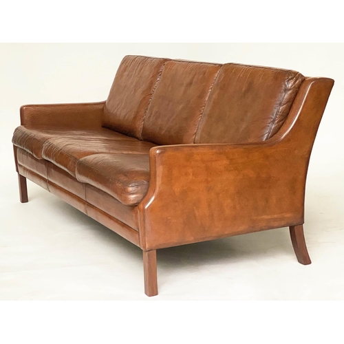 286 - DANISH SOFA, 1970s, three seater, teak and grained tan leather upholstered, 176cm W.