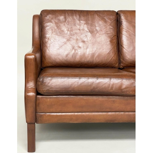 286 - DANISH SOFA, 1970s, three seater, teak and grained tan leather upholstered, 176cm W.