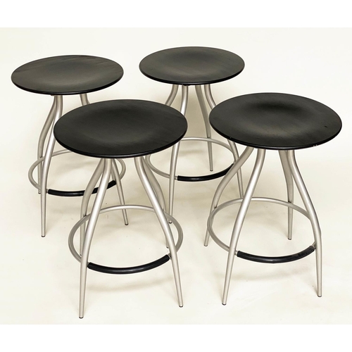 287 - CALLIGARIS STOOLS, a set of four, 1970s Italian, circular plywood revolving tops, with foot rests an... 