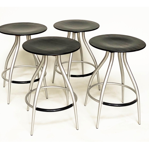 287 - CALLIGARIS STOOLS, a set of four, 1970s Italian, circular plywood revolving tops, with foot rests an... 