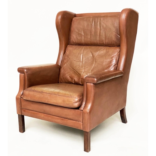 290 - DANISH WING ARMCHAIR, 1970s Danish with grained mid brown leather upholstery, 80cm W.