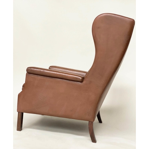 290 - DANISH WING ARMCHAIR, 1970s Danish with grained mid brown leather upholstery, 80cm W.