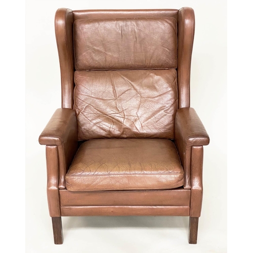 290 - DANISH WING ARMCHAIR, 1970s Danish with grained mid brown leather upholstery, 80cm W.