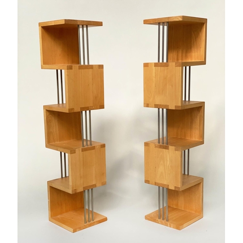 294 - HANGING SHELVES, a pair, solid maple jointed and metal supports, 76cm x 17cm x 17cm. (2)