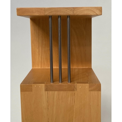 294 - HANGING SHELVES, a pair, solid maple jointed and metal supports, 76cm x 17cm x 17cm. (2)