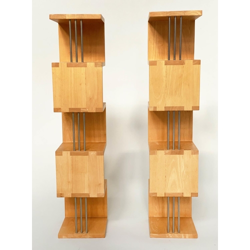 294 - HANGING SHELVES, a pair, solid maple jointed and metal supports, 76cm x 17cm x 17cm. (2)