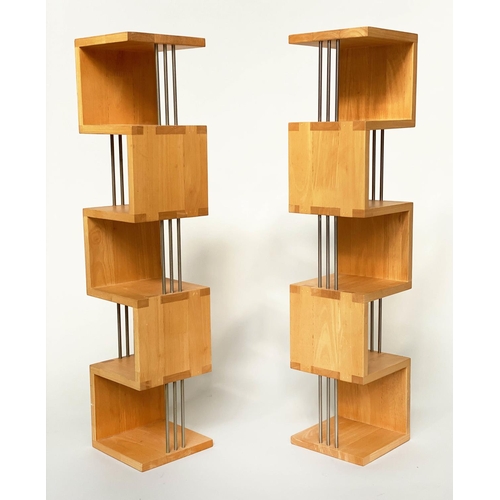 294 - HANGING SHELVES, a pair, solid maple jointed and metal supports, 76cm x 17cm x 17cm. (2)