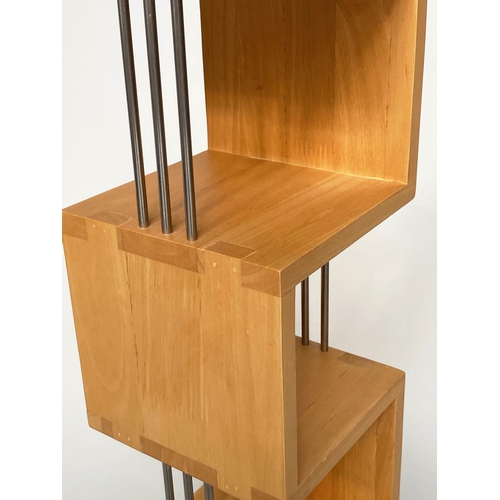 294 - HANGING SHELVES, a pair, solid maple jointed and metal supports, 76cm x 17cm x 17cm. (2)