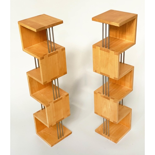 294 - HANGING SHELVES, a pair, solid maple jointed and metal supports, 76cm x 17cm x 17cm. (2)