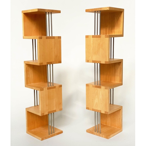 294 - HANGING SHELVES, a pair, solid maple jointed and metal supports, 76cm x 17cm x 17cm. (2)