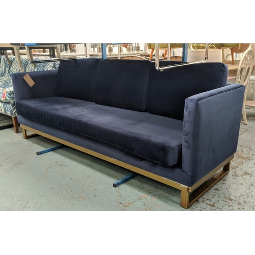 300 - SOFA, three seater, contemporary Italian style, blue velvet upholstered, gilt metal frame, 15cm H x ... 