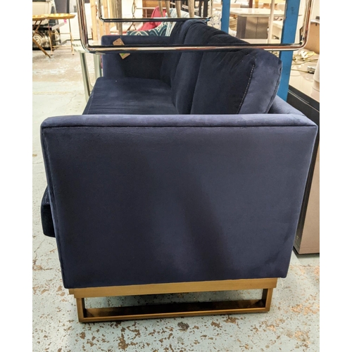 300 - SOFA, three seater, contemporary Italian style, blue velvet upholstered, gilt metal frame, 15cm H x ... 