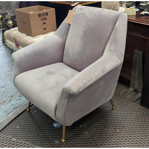 301 - CONTEMPORARY ARMCHAIR, Italian style, grey velvet upholstered, brass splayed legs, 87cm H x 85cm W x... 