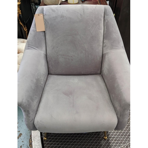 301 - CONTEMPORARY ARMCHAIR, Italian style, grey velvet upholstered, brass splayed legs, 87cm H x 85cm W x... 