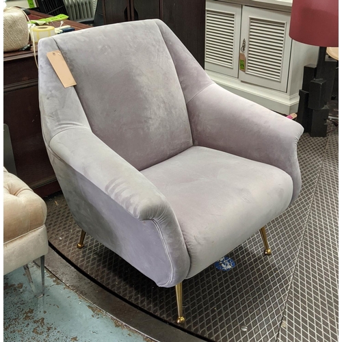 301 - CONTEMPORARY ARMCHAIR, Italian style, grey velvet upholstered, brass splayed legs, 87cm H x 85cm W x... 