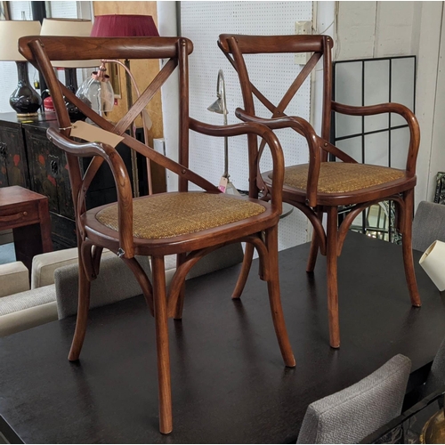 302 - THONET STYLE BENTWOD CHAIRS, a pair, elm, recent manufacture, having woven canework seats, gilt meta... 