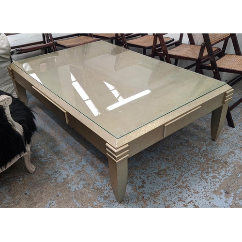 307 - LOW TABLE, 145cm W x 45cm H x 97cm D with a rectangular glass top.