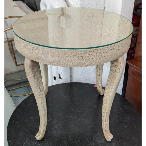 308 - OCCASIONAL TABLE, 56cm diam x 59cm H in a speckled finish with a circular glass top.