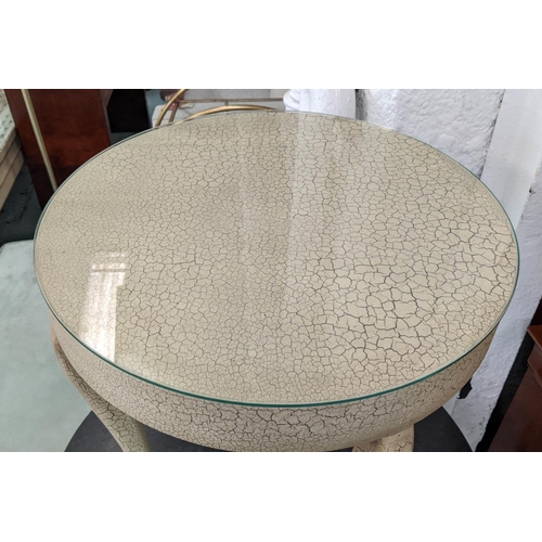 308 - OCCASIONAL TABLE, 56cm diam x 59cm H in a speckled finish with a circular glass top.