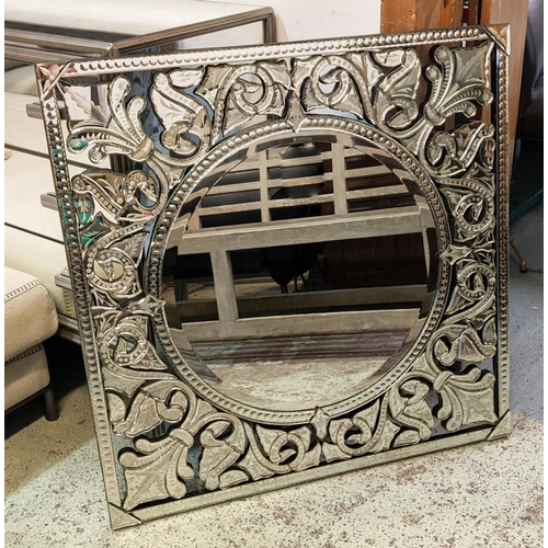 316 - WALL MIRROR, 85cm W x 85cm H, square with a round Venetian style plate.