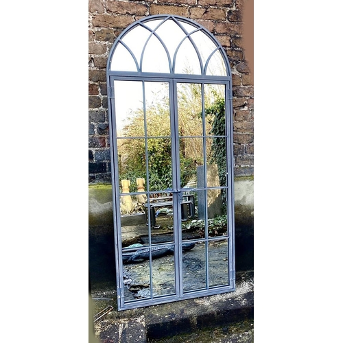 336 - ARCHITECTURAL WALL MIRROR, 180cm H x 75cm W, Regency style, gated design, lead grey metal frame.