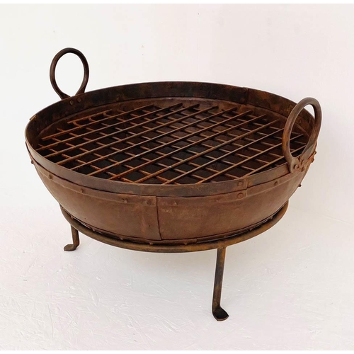 337 - INDIAN STYLE KADAI FIRE PIT, raised on stand, 47cm H x 64cm W x 60cm diam.