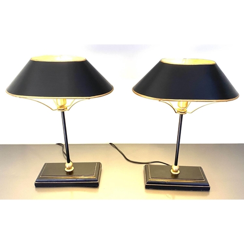 343 - BOUILLOTTE STYLE TABLE LAMPS, a pair, 42cm x 31cm x 20cm, in black and gold, shades. (2)