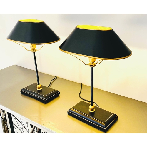 343 - BOUILLOTTE STYLE TABLE LAMPS, a pair, 42cm x 31cm x 20cm, in black and gold, shades. (2)