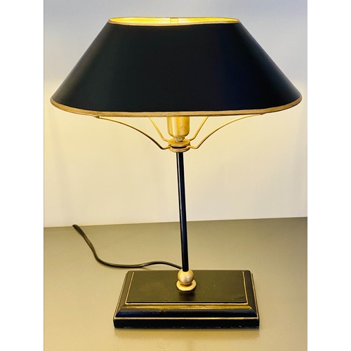 343 - BOUILLOTTE STYLE TABLE LAMPS, a pair, 42cm x 31cm x 20cm, in black and gold, shades. (2)