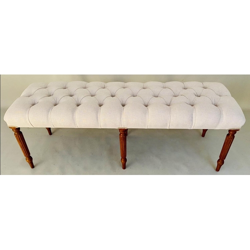 344 - HALL SEAT, 51cm H x 122cm W x 44cm D, deep buttoned neutral upholstery, raised on six turned and ree... 