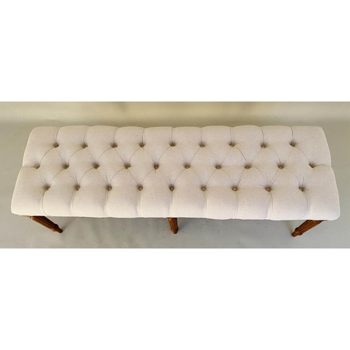 344 - HALL SEAT, 51cm H x 122cm W x 44cm D, deep buttoned neutral upholstery, raised on six turned and ree... 