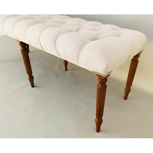 344 - HALL SEAT, 51cm H x 122cm W x 44cm D, deep buttoned neutral upholstery, raised on six turned and ree... 