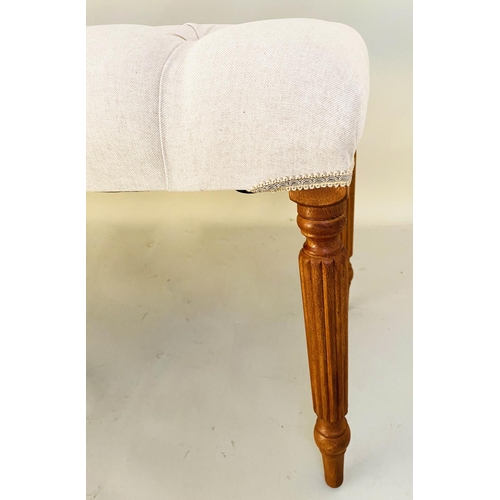 344 - HALL SEAT, 51cm H x 122cm W x 44cm D, deep buttoned neutral upholstery, raised on six turned and ree... 