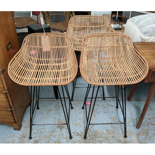 348 - BAR STOOLS, each 51cm W x 90cm H, a set of three Tiki style. (3)